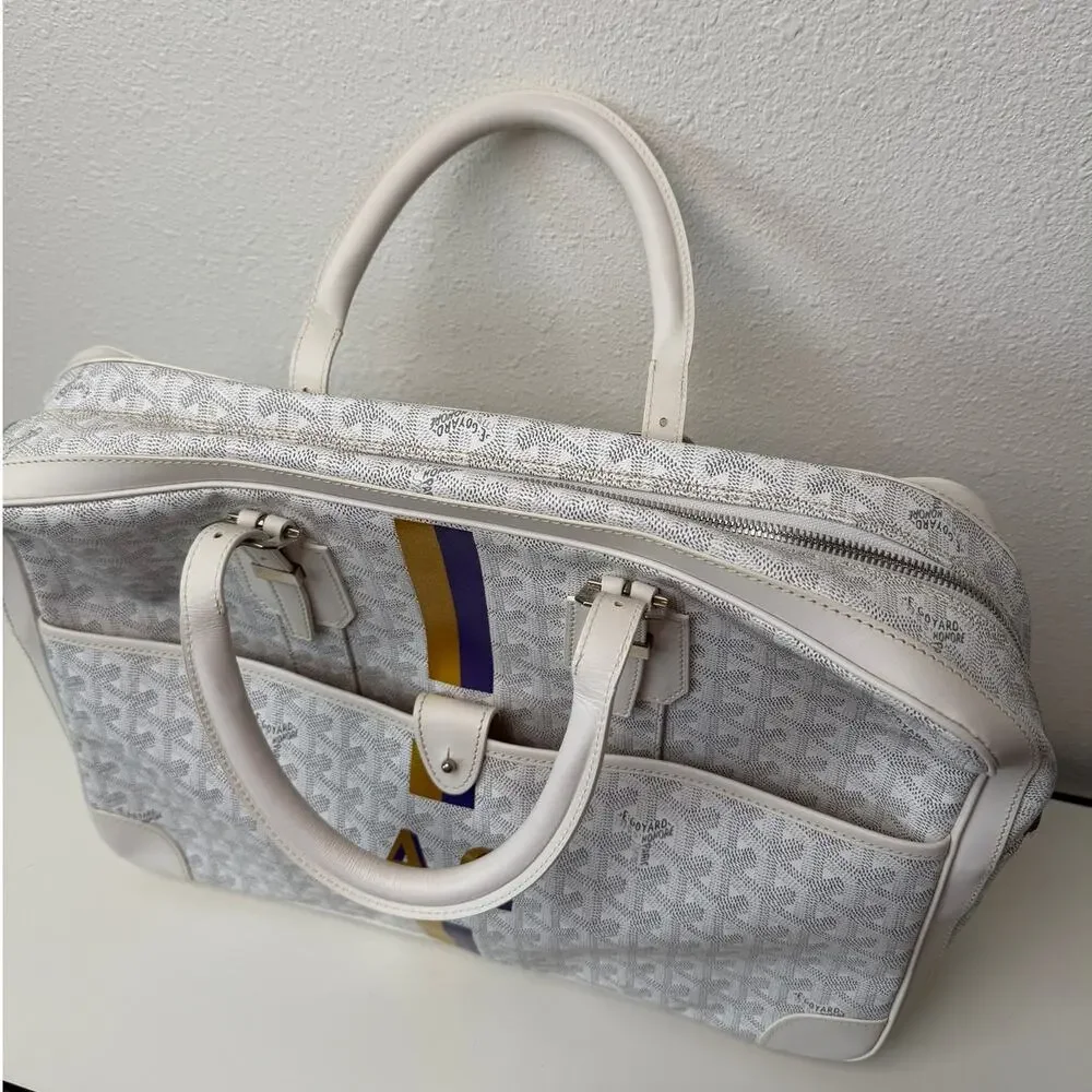 Goyard Ambassade MM White Goyardine Briefcase Laptop Bag AG Personalized